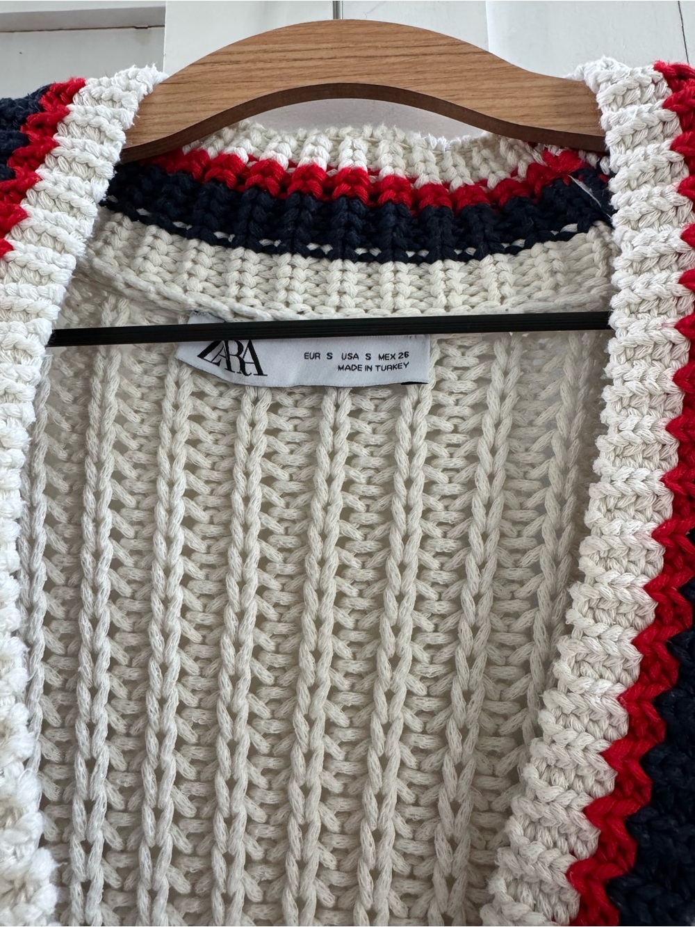 Zara Americana Chunky Knit Cream Cardigan Varsity Stripe Sweater - Picture 6 of 7